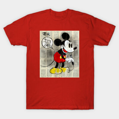 Red graphic t-shirt featuring vintage cartoon character design on a text background, casual wear, cotton material.