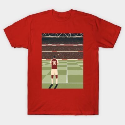 Red graphic t-shirt featuring a soccer player illustration on a field, ideal for sports fans and casual wear.