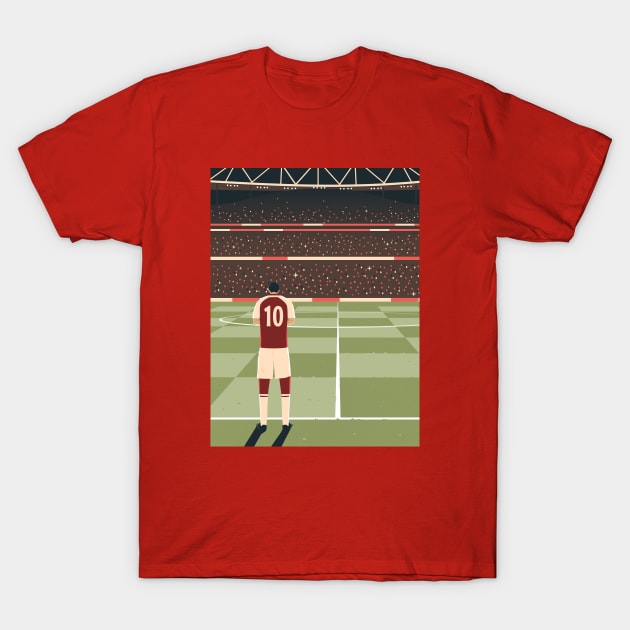 Red graphic t-shirt featuring a soccer player illustration on a field, ideal for sports fans and casual wear.