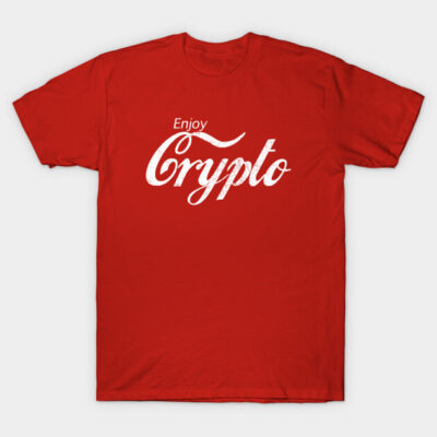Red "Enjoy Crypto" t-shirt, casual style, cotton material, ideal for cryptocurrency enthusiasts and casual wear.