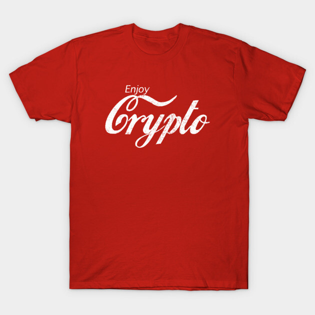 Red "Enjoy Crypto" t-shirt, casual style, cotton material, ideal for cryptocurrency enthusiasts and casual wear.