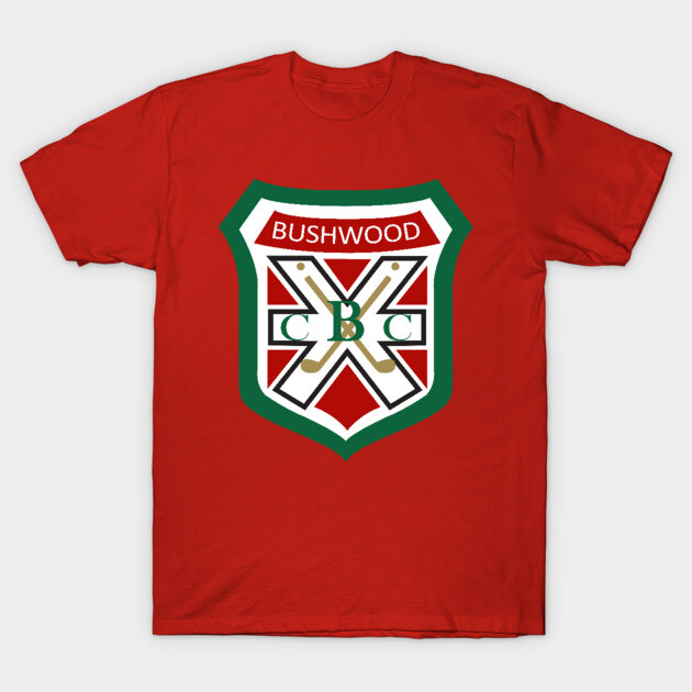 Red t-shirt with Bushwood logo, casual style, made of cotton, perfect for everyday wear or sports events.