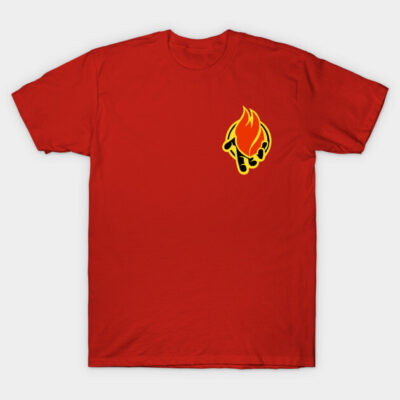 Red cotton t-shirt with yellow flame graphic on front, casual wear, unisex style.
