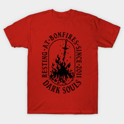 Red "Dark Souls" T-shirt with bonfire graphic, cotton material, casual wear, perfect for gaming enthusiasts.