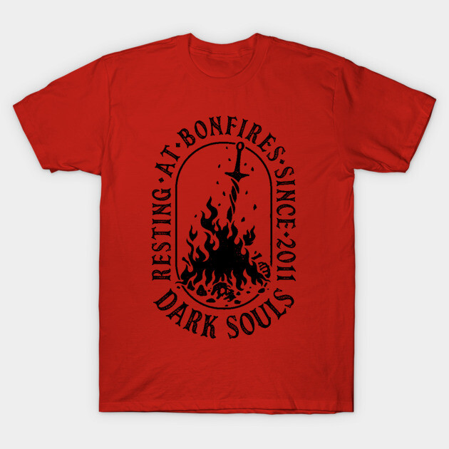 Red "Dark Souls" T-shirt with bonfire graphic, cotton material, casual wear, perfect for gaming enthusiasts.