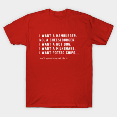 Red novelty t-shirt with humorous text design, casual wear, cotton material, perfect for everyday style.