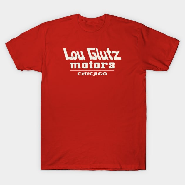 Red Lou Glutz Motors t-shirt with Chicago print, casual style, made from soft cotton, ideal for everyday wear.