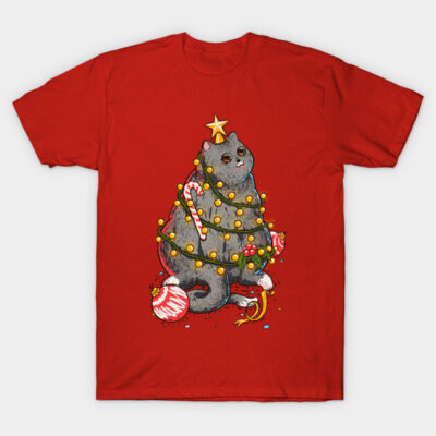 Red T-shirt featuring a festive gray cat wrapped in Christmas lights and ornaments, perfect for holiday wear.