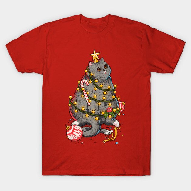 Red T-shirt featuring a festive gray cat wrapped in Christmas lights and ornaments, perfect for holiday wear.