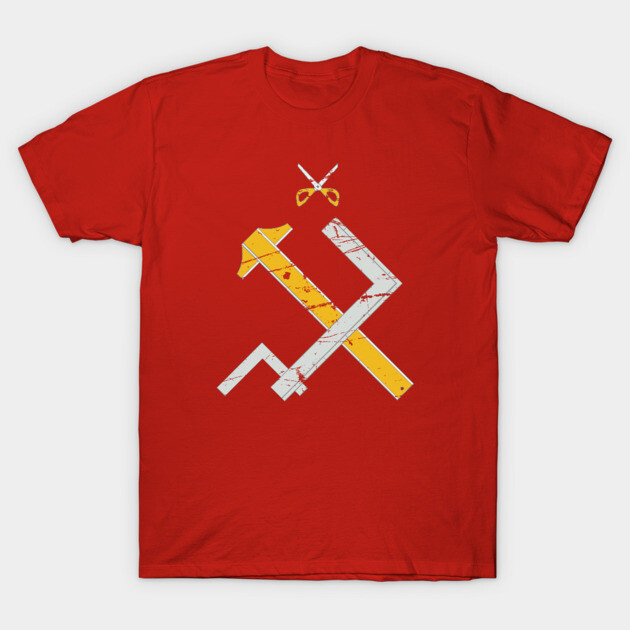 Red cotton T-shirt with unique white and yellow geometric design, ideal for casual wear.