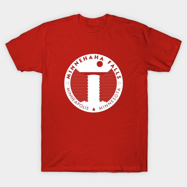 Red t-shirt with Minnehaha Falls graphic, Minneapolis Minnesota text, casual style, soft cotton material.