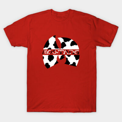 Red graphic t-shirt featuring black and white cow print logo design, casual wear, cotton material.