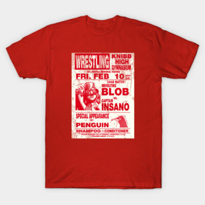 Red graphic t-shirt with vintage wrestling poster design, unisex casual wear, 100% cotton.