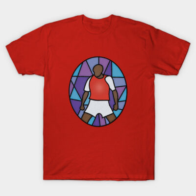 Red t-shirt with abstract geometric design, featuring colorful stained glass-style artwork. Casual wear, cotton fabric.