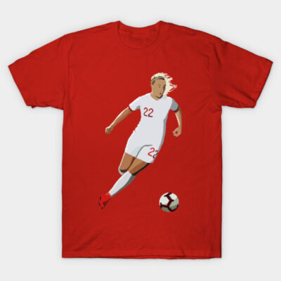 Red unisex t-shirt featuring a soccer player graphic in action, ideal for sports fans, cotton blend material.