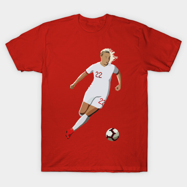 Red unisex t-shirt featuring a soccer player graphic in action, ideal for sports fans, cotton blend material.