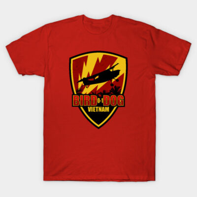 Red graphic T-shirt with vintage aircraft design, "Bird Dog Vietnam" theme, casual style, 100% cotton.