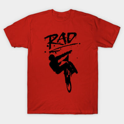 "Red graphic T-shirt with black silhouette and 'Rad' text, casual cotton wear, perfect for biking enthusiasts."