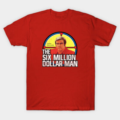 Red t-shirt featuring retro style "Six Million Dollar Man" design, ideal for casual wear and cotton comfort.
