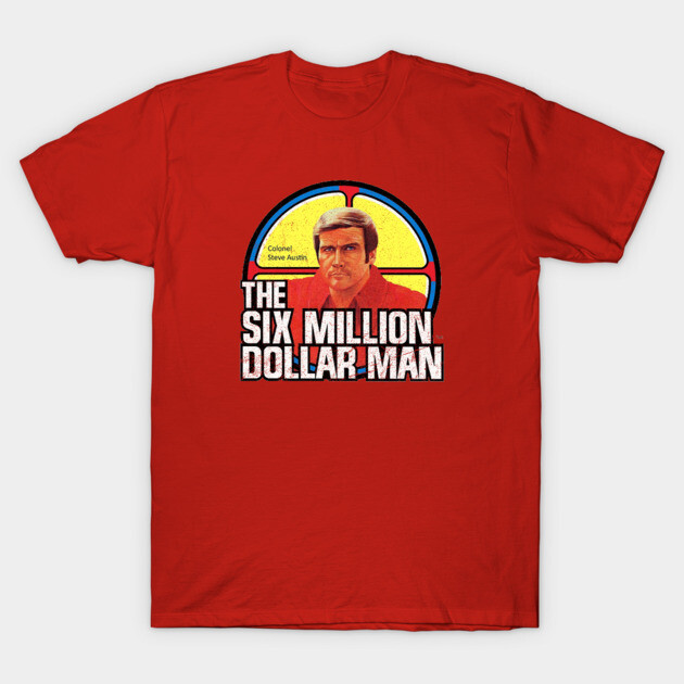Red t-shirt featuring retro style "Six Million Dollar Man" design, ideal for casual wear and cotton comfort.