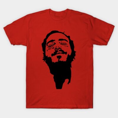 Red graphic t-shirt with bold black abstract face design, casual style, perfect for everyday wear, 100% cotton material.