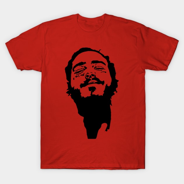 Red graphic t-shirt with bold black abstract face design, casual style, perfect for everyday wear, 100% cotton material.