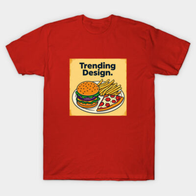 Red t-shirt with "Trending Design" graphic featuring burger, fries, and pizza. Casual wear, cotton material.