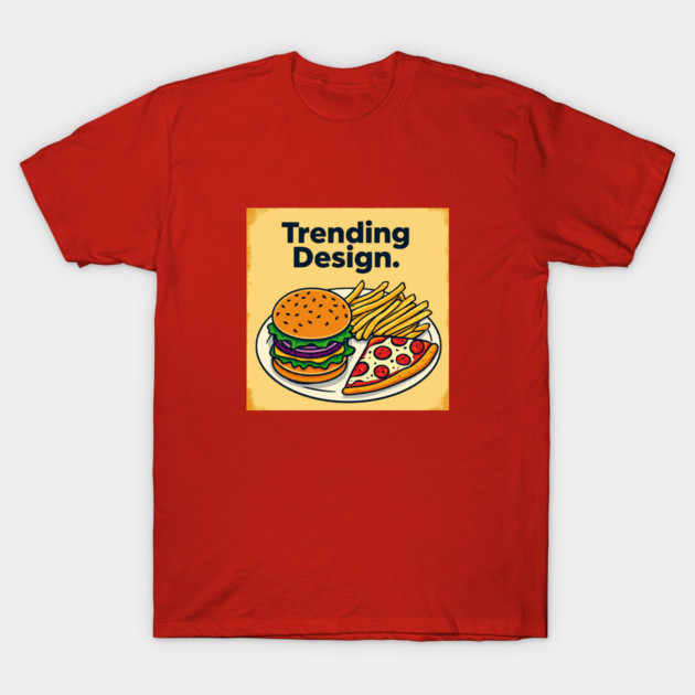 Red t-shirt with "Trending Design" graphic featuring burger, fries, and pizza. Casual wear, cotton material.