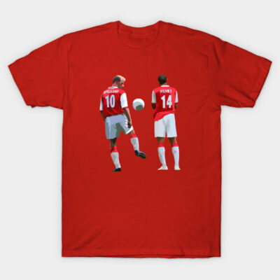 Red cotton T-shirt featuring two soccer players in action, ideal for sports fans and casual wear.
