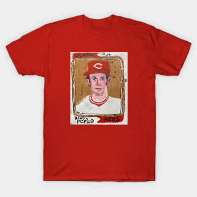 Red graphic t-shirt with vintage baseball card design, short sleeves, casual wear, 100% cotton.