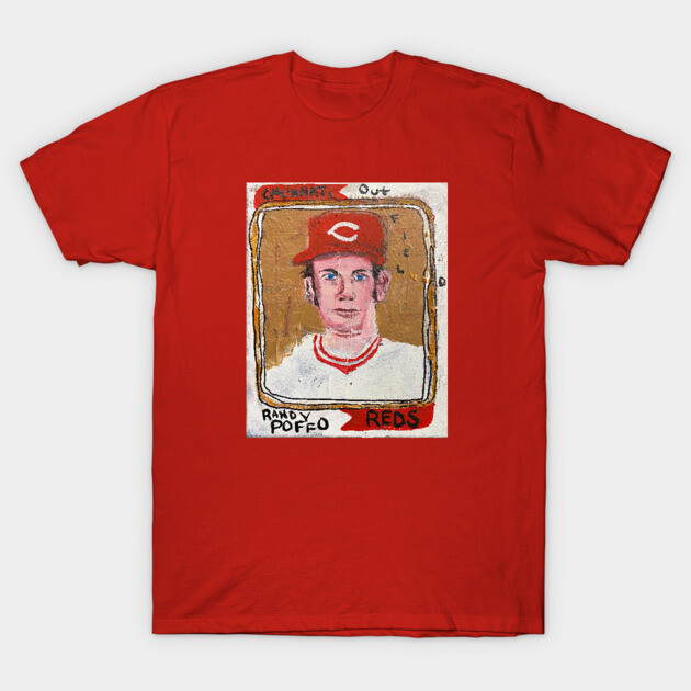 Red graphic t-shirt with vintage baseball card design, short sleeves, casual wear, 100% cotton.