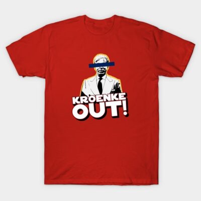 Red graphic t-shirt with bold "Kroenke Out!" text and abstract design, casual style, cotton material.