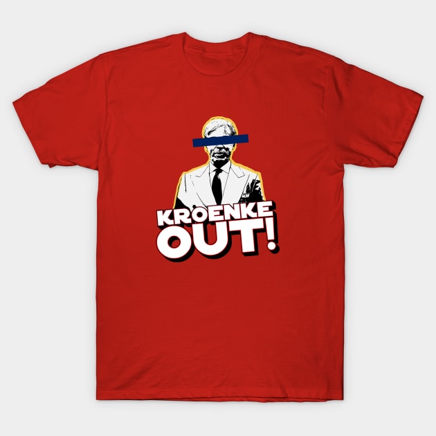 Red graphic t-shirt with bold "Kroenke Out!" text and abstract design, casual style, cotton material.