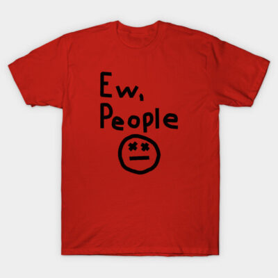 Red graphic t-shirt with "Ew, People" text and emoji design, casual style, cotton material, unisex.
