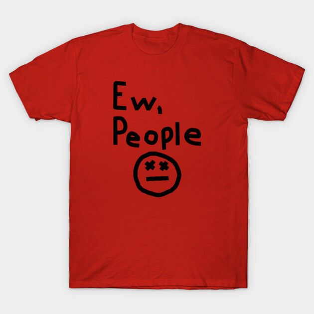 Red graphic t-shirt with "Ew, People" text and emoji design, casual style, cotton material, unisex.