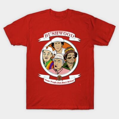 Red graphic t-shirt featuring colorful illustrated design and "Bushwood" text, ideal for casual wear.