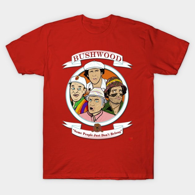 Red graphic t-shirt featuring colorful illustrated design and "Bushwood" text, ideal for casual wear.