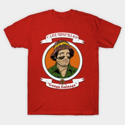 Red graphic t-shirt with vintage-style illustration and text, ideal for casual wear. Durable cotton material.