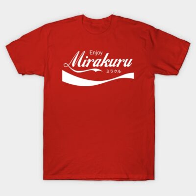 Red cotton t-shirt with "Enjoy Mirakuru" white graphic design, casual style, perfect for everyday wear.
