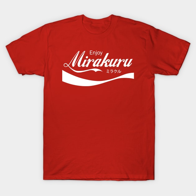 Red cotton t-shirt with "Enjoy Mirakuru" white graphic design, casual style, perfect for everyday wear.