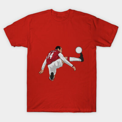 Red t-shirt featuring a soccer player graphic with number 14, ideal for sports fans, casual wear, cotton material.
