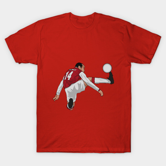 Red t-shirt featuring a soccer player graphic with number 14, ideal for sports fans, casual wear, cotton material.