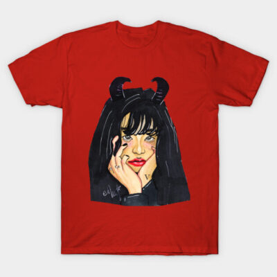 Red graphic t-shirt featuring artistic illustration of a person with horns, casual style, made from soft cotton fabric.