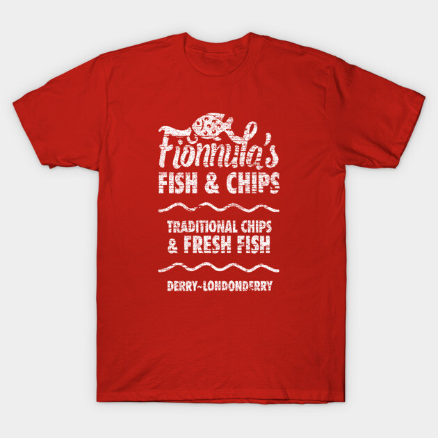 Red T-shirt with white "Fionnula's Fish & Chips" graphic print, casual style, cotton material, perfect for everyday wear.