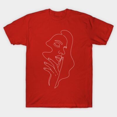 Red t-shirt with abstract face line art design, casual style, 100% cotton, perfect for everyday wear or gifting.