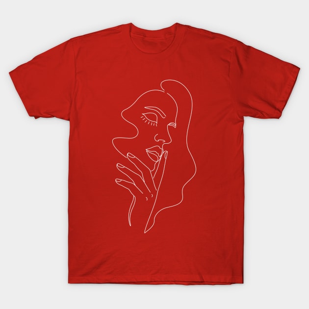 Red t-shirt with abstract face line art design, casual style, 100% cotton, perfect for everyday wear or gifting.