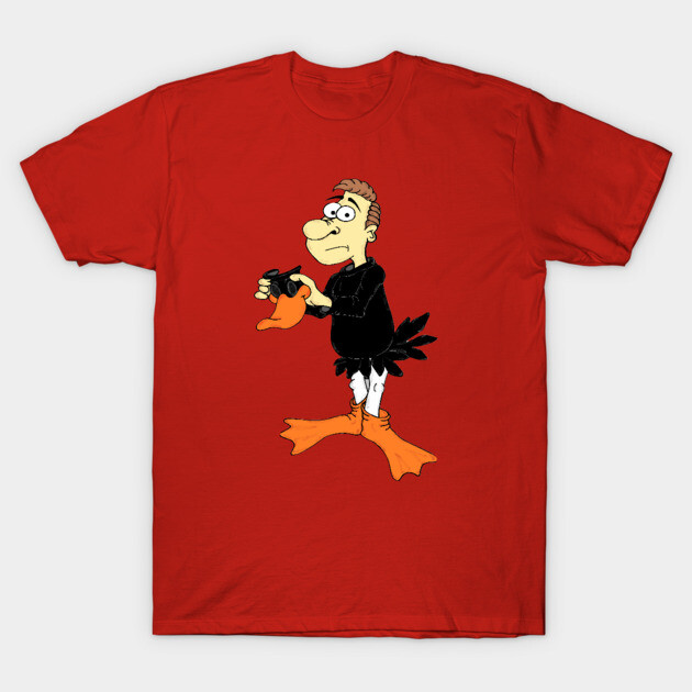 Red cotton t-shirt featuring a cartoon character in a bird costume, casual style, ideal for everyday wear.