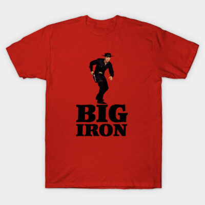 Red "Big Iron" graphic T-shirt with cowboy design, casual style, perfect for everyday wear.