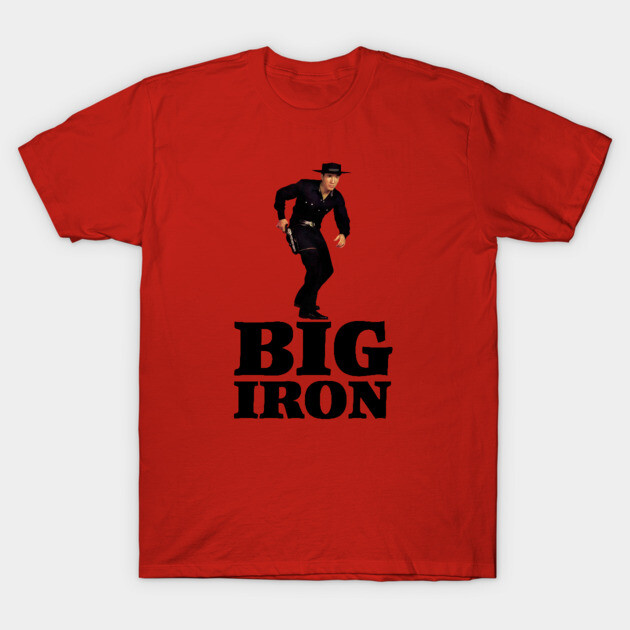 Red "Big Iron" graphic T-shirt with cowboy design, casual style, perfect for everyday wear.