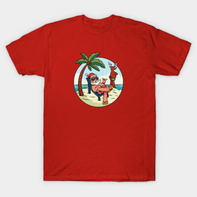 Red Christmas beach theme t-shirt with Santa and reindeer graphic, perfect for holiday casual wear. Cotton material.